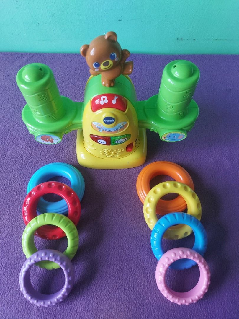 VTech Animal Seesaw Stacker Toy (Category: Infant Playtime) located in Paranaque City. Submitted by ca.firstonlinebiz (Listing ID 1435674834, Image 3). Description: Preloved Vtech animal seesaw stacker Working lights and sounds Complete rings Signs of usage (manage expectation) Battery not included needs 2xAA Loc. Greenheights Parañaque Open for shipping lalamove or SPX Gcash, Maya, BPI payment.