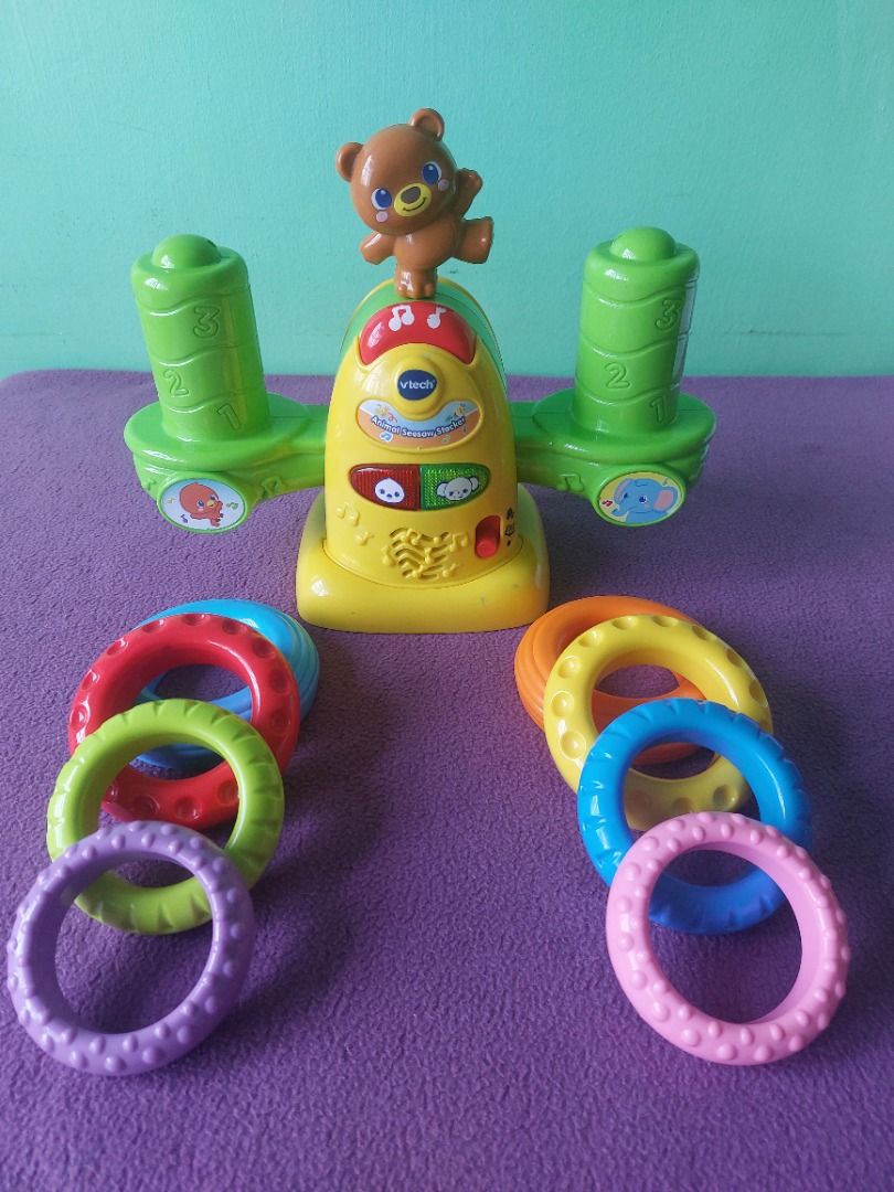 VTech Animal Seesaw Stacker Toy (Category: Infant Playtime) located in Paranaque City. Submitted by ca.firstonlinebiz (Listing ID 1435674834, Image 2). Description: Preloved Vtech animal seesaw stacker Working lights and sounds Complete rings Signs of usage (manage expectation) Battery not included needs 2xAA Loc. Greenheights Parañaque Open for shipping lalamove or SPX Gcash, Maya, BPI payment.