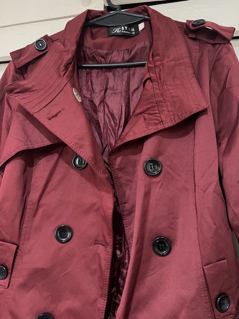 Women's Trench Coat Maroon (Category: Coats, Jackets and Outerwear) located in Quezon City. Submitted by celsnts (Listing ID 1435532107, Image 2). Description: Used once LIKE NEW, absolutely no flaws and stains Washed already and stored Size fits best on M (can be for small or semi large) Location: QC.