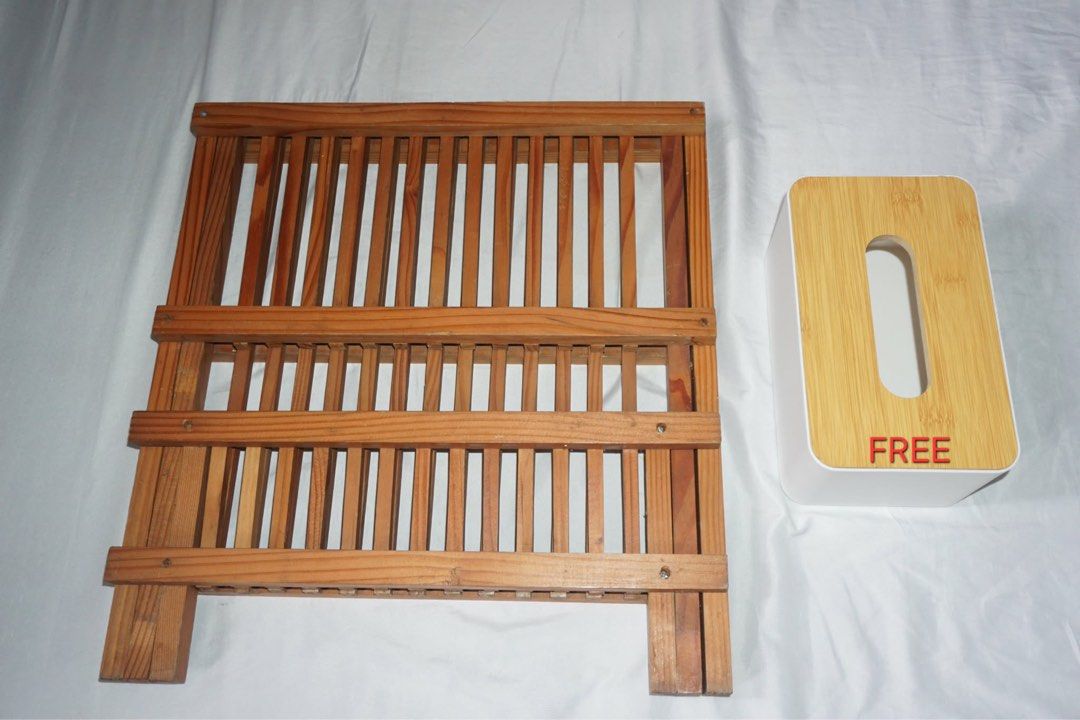 Wooden Dish Rack (Category: Other Kitchenware & Tableware) located in Antipolo. Submitted by ttrends (Listing ID 1435625157, Image 2). Description: - Wooden dish rack - Two-tiered design - Multiple slots for plates and bowls - Natural wood finish - Foldable for easy storage - FREE tissue box and wooden tissue roll holder included!.