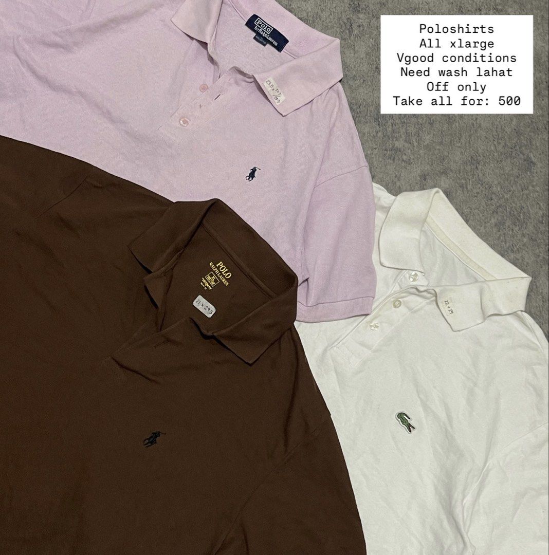 XL Polo Shirts Bundle (Category: Tshirts & Polo Shirts ) located in Sorsogon. Submitted by vanbercs (Listing ID 1435622967, Image 1). Description: - Bundle of three XL polo shirts - Includes: - Brown Polo Ralph Lauren - Light Purple Polo Ralph Lauren - White Lacoste - Needs washing - Selling all three for 500 pesos.