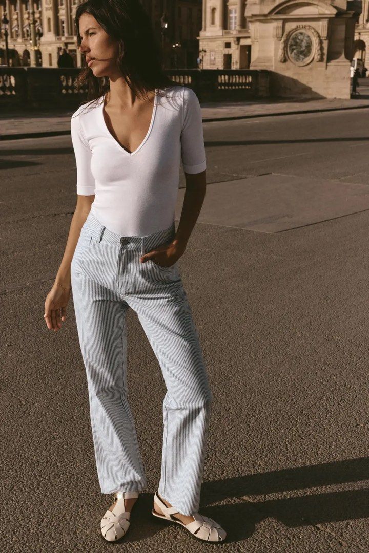 Zara Soft Denim Pinstripe Pants (Category: Jeans) located in Manila. Submitted by shop.declutter (Listing ID 1435636857, Image 1). Description: Brand new with tags! :) Perfect for 5 ft girlies <3 Length approx 39.6 inches Size 32 (waist 23-24) .
