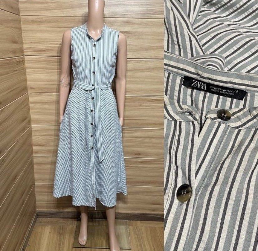 Zara Striped Sleeveless Dress (Category: Dresses) located in Batangas. Submitted by chicago2022 (Listing ID 1435634592, Image 1). Description: Zara striped midi dress. Sleeveless with button-down front, mandarin collar, and belt. Made in Bangladesh. Rfs: need funds.
