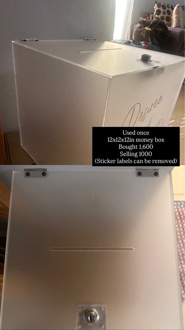 12x12x12in Money Box (Category: Storage Boxes & Baskets) located in Manila. Submitted by cosmichorse_d0ad24 (Listing ID 1438881017, Image 1). Description: - 12x12x12 inch money box - Features a slot on top and a lock on the front - Sticker labels are removable - Selling for ₱1000 (originally bought for ₱1600).