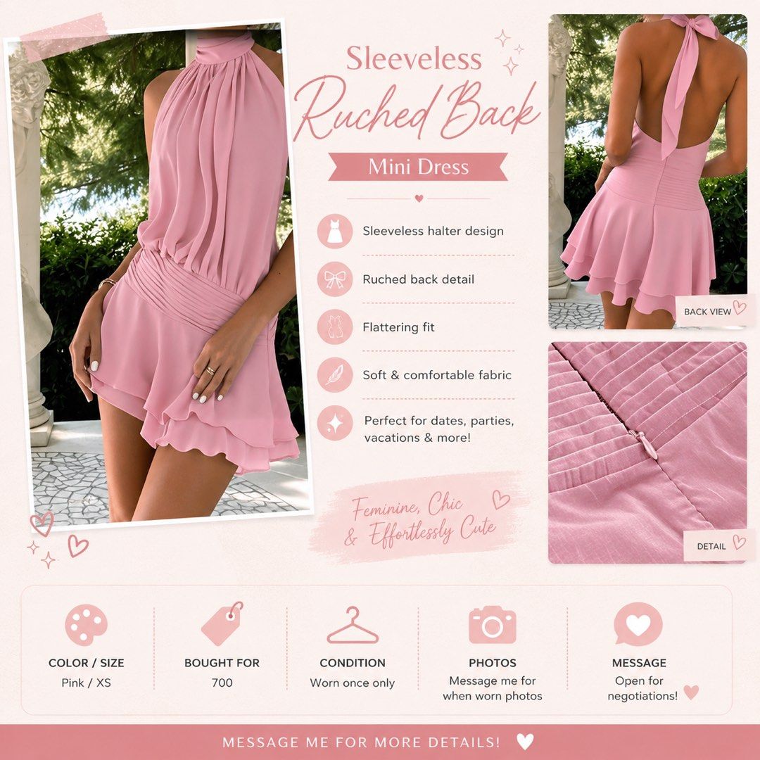 [Shein] Sleeveless Ruched Back Mini Dress (Category: Dresses) located in Manila. Submitted by summerdeclutters (Listing ID 1416930843, Image 1). Description: ♡ Color: Pink ♡ Size: XS ♡ Bought for 700 ♡ Worn once only ♡ Stylish and flattering mini dress ♡ Perfect for casual dates, parties, and night outs ♡ Comfortable fit and easy to style ♡ In great condition! Feminine, classy, and effortlessly cute! Message me for more details or photos! Open fo