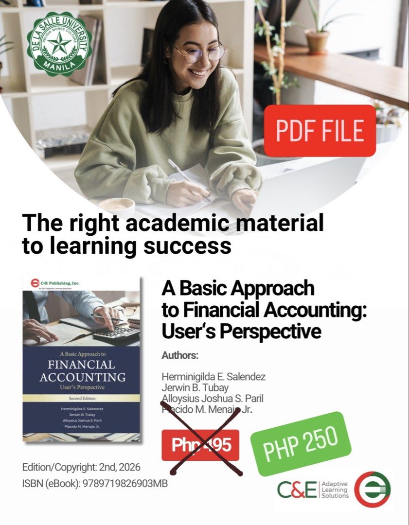 A Basic Approach to Financial Accounting: User’s Perspective (Category: Textbooks) located in Manila. Submitted by nachoco (Listing ID 1439004665, Image 1). Description: ebook requirement for ACCCOB2 DLSU-MANILA PDF FILE.