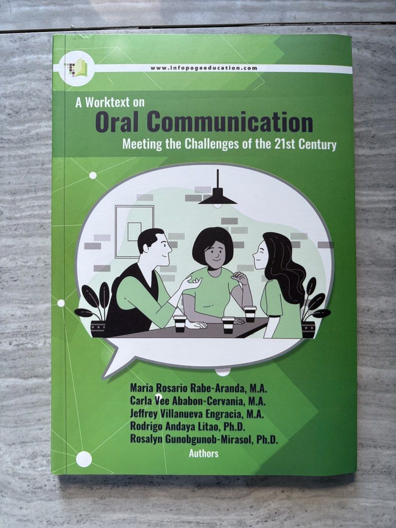 A Worktext on Oral Communication (Category: Textbooks) located in Manila. Submitted by missteriiiii (Listing ID 1438891052, Image 1). Description: "A Worktext on Oral Communication: Meeting the Challenges of the 21st Century" - Published in 2021 by Infopage Education Services Used by UST SHS student.