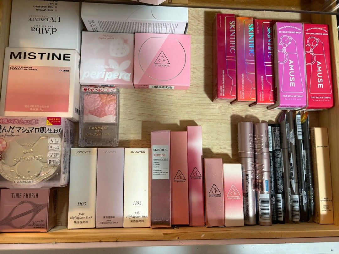 Assorted Makeup - Skintific, 3CE, Canmake, Mistine, etc. (Category: Makeup) located in Singapore. Submitted by cherry.yyy (Listing ID 1438958694, Image 1). Description: - Makeup collection featuring lipsticks, blushes, highlighters, and powders. - Brands include Skintific, 3CE, Canmake, Mistine, and more. - Great for expanding your makeup collection!.