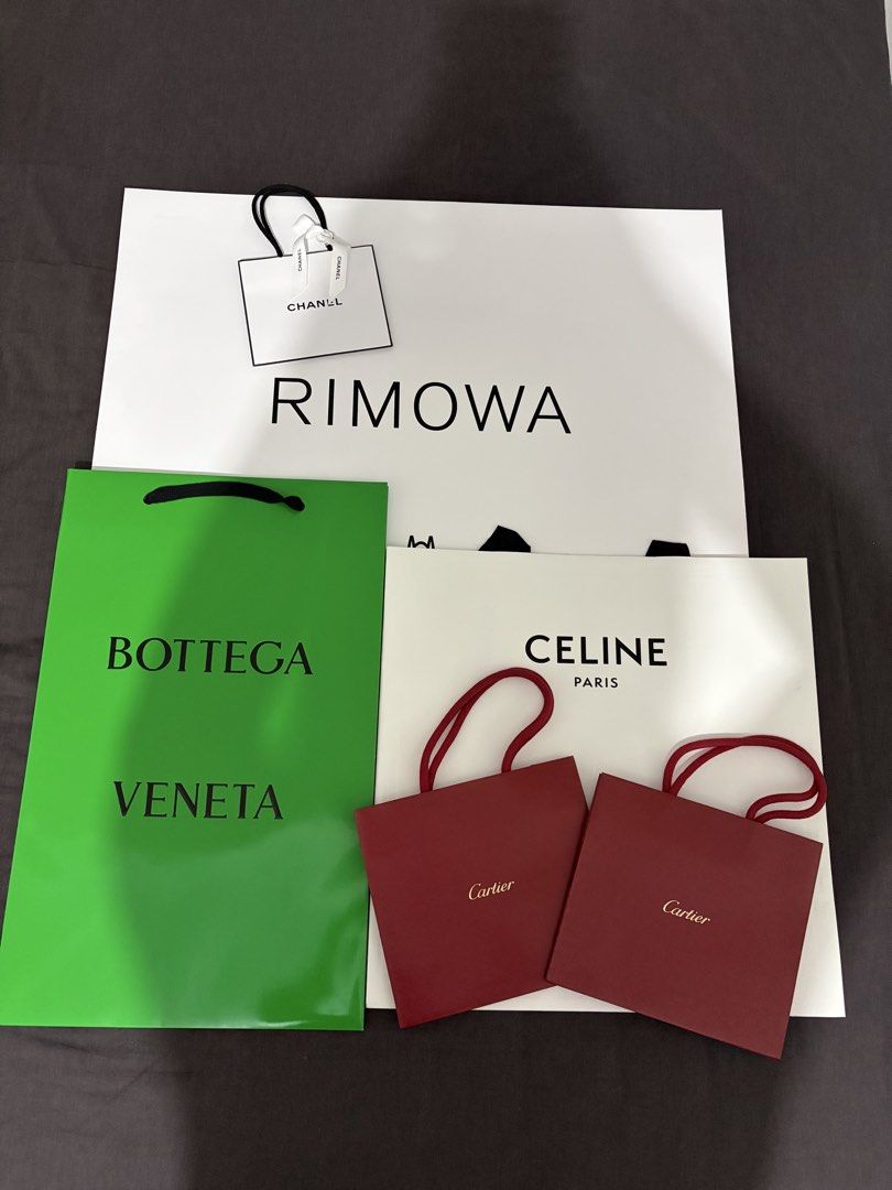 Luxury paper bags (Category: Luxury Accessories) located in Mandaluyong City. Submitted by j.mnlph (Listing ID 1439058681, Image 1). Description: ₱300 each All authentic Available: Rimowa Bottega Veneta Celine Cartier Chanel .