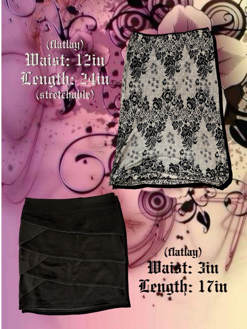 Black A-Line and Pencil Skirt Bundle (Category: Skirts) located in Quezon City. Submitted by allmustgobabye (Listing ID 1439038130, Image 1). Description: 300 for 2! black patterned skirt has mesh outer layer with ruffled edges. inner layer is soft polyester.