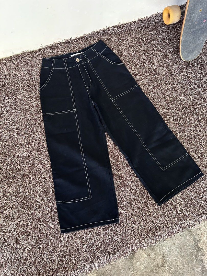 Wide Leg Pants (Category: Other Bottoms) located in Miagao. Submitted by mjhandpicked (Listing ID 1439035644, Image 1). Description: Black Wide Leg Pants with White Stitching Waist: 25" Length: 32" Front Rise: 12" Condition+Color: 10/10 Location: Iloilo Mode of Payment: Gcash Mode of Delivery: J&T.