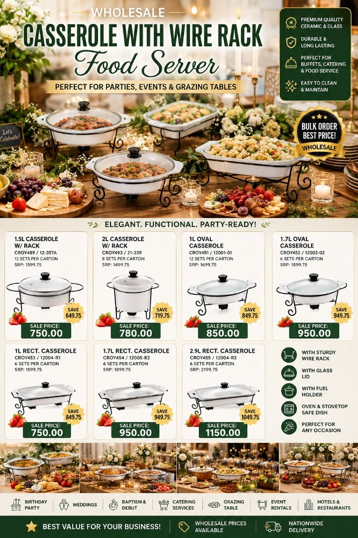 Casserole Food Servers with Wire Rack (Category: Food Organization & Storage) located in Manila. Submitted by cartelcomnl (Listing ID 1438955782, Image 1). Description: Casserole Food Servers with Wire Rack — ideal for keeping your dishes warm while adding a classy touch to your table setup. 🎉 Perfect For: 🍽️ Catering Services 🎂 Birthday Parties 💍 Weddings 🏨 Hotels & Restaurants 🍱 Food Trays & Buffets 🎪 Event Rentals 🏠 Home Entertaining �