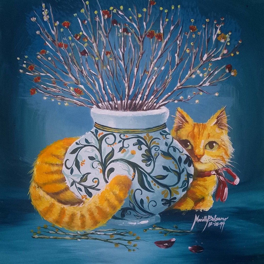Cat & Vase - Acrylic painting (Category: Looking For) located in Cagayan de Oro. Submitted by sunset.chickensoup3 (Listing ID 1438926685, Image 1). Description: 50cm X 50cm acrylic on canvas.