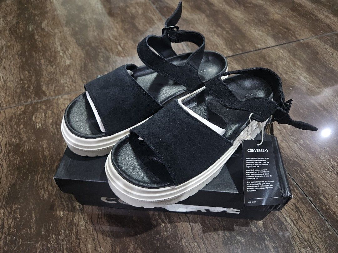 Converse Chuck Taylor All Star Sandals (Category: Sneakers) located in Manila. Submitted by online.tipid (Listing ID 1439025630, Image 2). Description: -Bought for P4000 in SM -selling low - Black Converse sandals - White sole - Strap closure - Includes original box and tags - Textured sole for grip - Unworn condition Rfs: need funds.