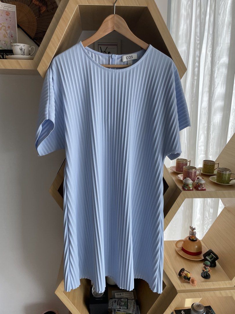 cos blue pleated dress COS Women's Pleated Satin Midi Dress in Navy