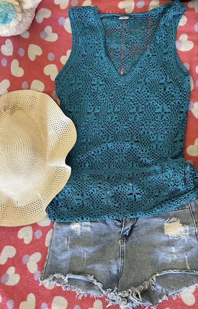 Crochet Tank Top & jeans (Category: Sleeveless) located in Manila. Submitted by jana0011 (Listing ID 1438886084, Image 1). Description: decluttering rush sale Turquoise crochet tank top - Features a flattering V-neck - Unique open-weave pattern - Ideal for casual, breezy looks - Perfect for warm weather - Stylish and comfortable for everyday wear.