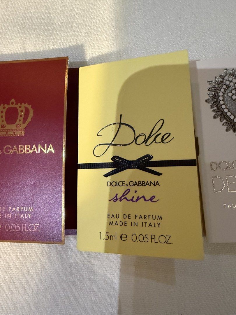 Dolce & Gabbana Perfume Sample Set (Category: Fragrance & Deodorants) located in Muntinlupa City. Submitted by everythingmustgo_8475da (Listing ID 1439008285, Image 3). Description: - Dolce & Gabbana Perfume Sample Set - Includes: - Dolce & Gabbana Eau de Parfum - Dolce & Gabbana Shine Eau de Parfum - Dolce & Gabbana Devotion Eau de Parfum intense - Each sample: 1.5ml - Made in Italy - Ideal for trying scents or travel.