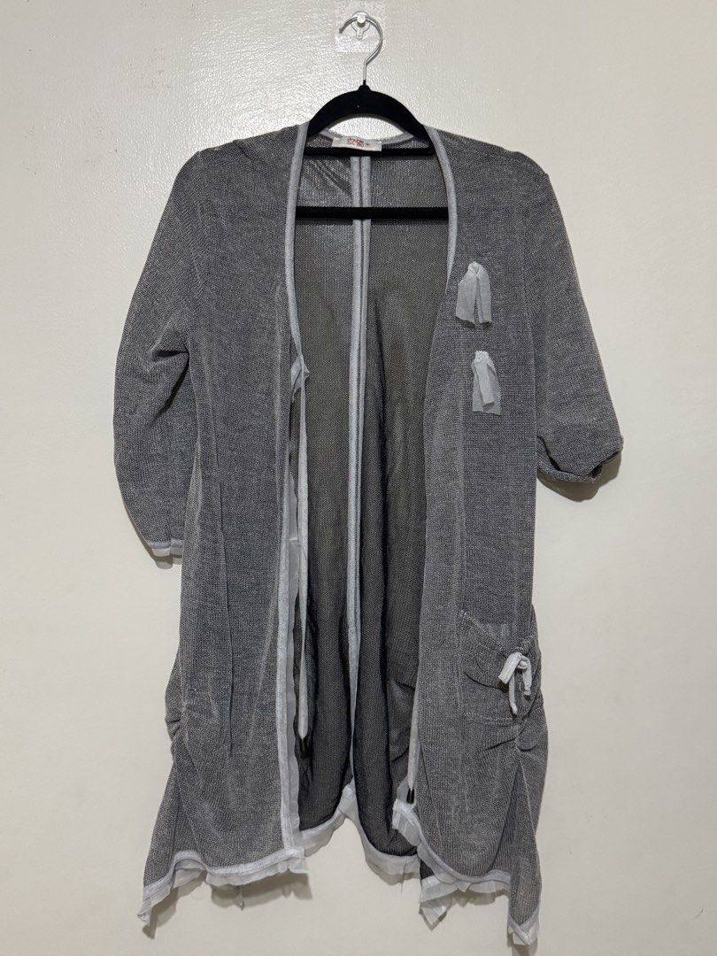 Double Paris Jou - beach Cardigan (Category: Coats, Jackets and Outerwear) located in Quezon City. Submitted by maxmaximoo (Listing ID 1438925731, Image 1). Description: - Double Paris Jou gray cardigan - Mesh lining - Decorative fabric details - Features pockets - Unique design - Relaxed fit - Open front - Three-quarter sleeves.