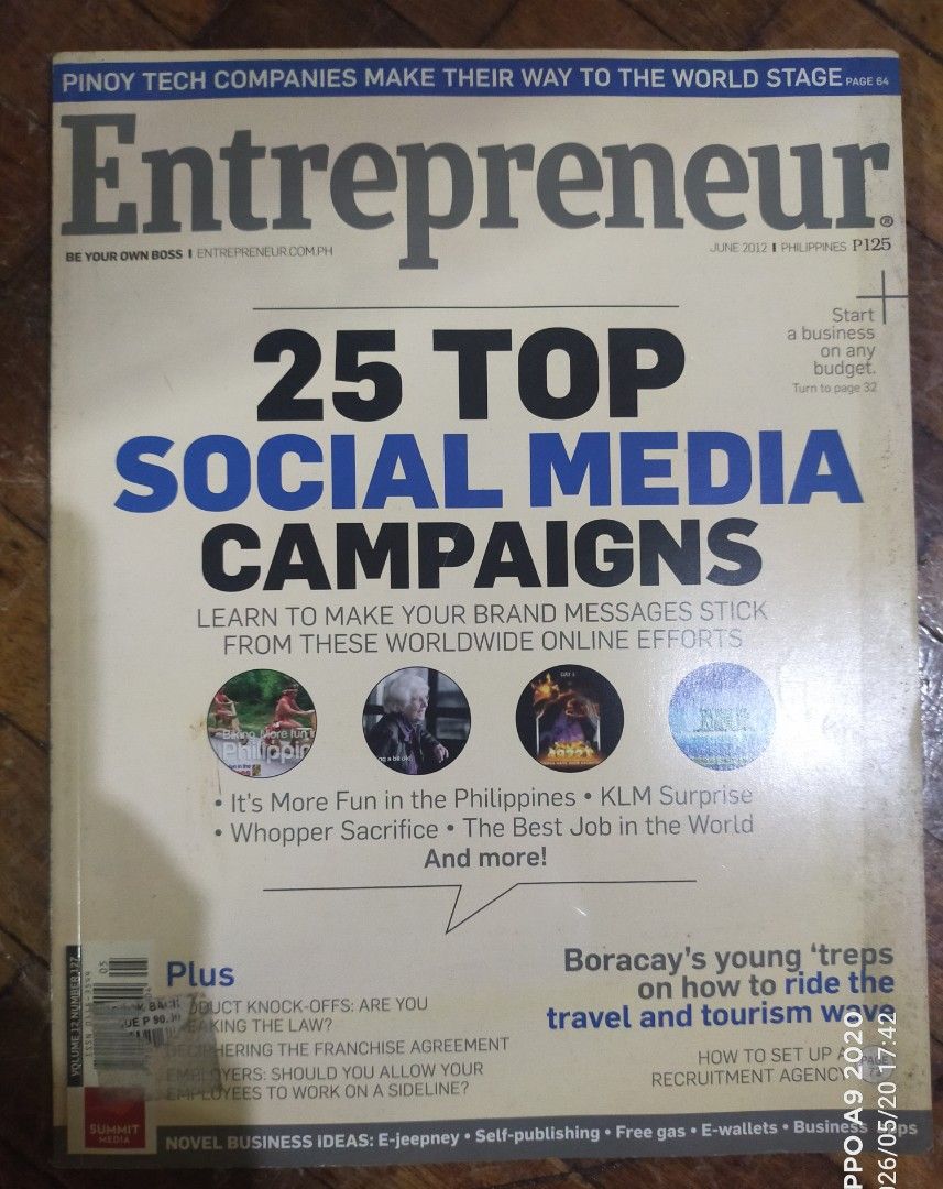 Entrepreneur Magazine June 2012 (Category: Magazines) located in Manila. Submitted by theblazingturnips (Listing ID 1438980229, Image 1). Description: - Entrepreneur Magazine, June 2012 issue - Features 25 Top Social Media Campaigns - Includes articles on: - 'It's More Fun in the Philippines' - 'KLM Surprise' - 'Whopper Sacrifice' - Also includes articles on: - Boracay's young entrepreneurs - Riding the travel and tourism wave.
