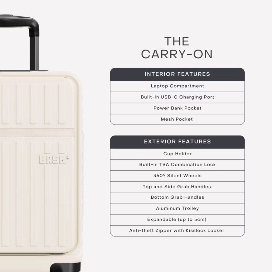 FOR RENT: BASH Carry-On Luggage in Bone (White) (Category: Luggage) located in Quezon City. Submitted by aj.mnl (Listing ID 1437905990, Image 3). Description: ‼️ AVAILABLE colors for carry-on: - bone (white) - oak (brown) ✨ Features: - front opening - expandable - padded laptop compartment - rear cup holder - 360° wheels 🧳 Specifications: Height: 54cm (21.26”) Width: 38cm (14.96”) Depth: 26cm (10.24”) Weight: 3.5kg Capacity: 53L - 65L / 11 kg - 