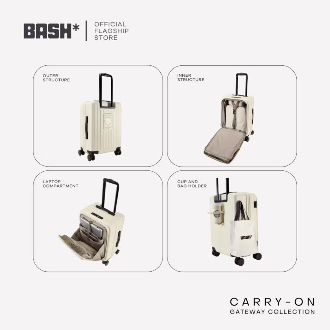 FOR RENT: BASH Carry-On Luggage in Bone (White) (Category: Luggage) located in Quezon City. Submitted by aj.mnl (Listing ID 1437905990, Image 2). Description: ‼️ AVAILABLE colors for carry-on: - bone (white) - oak (brown) ✨ Features: - front opening - expandable - padded laptop compartment - rear cup holder - 360° wheels 🧳 Specifications: Height: 54cm (21.26”) Width: 38cm (14.96”) Depth: 26cm (10.24”) Weight: 3.5kg Capacity: 53L - 65L / 11 kg - 