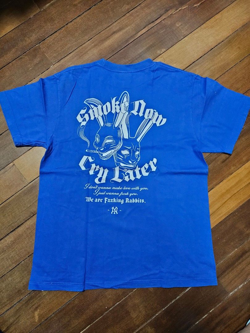 FR2 Smoke Now Cry Later T-shirt (Category: Tshirts & Polo Shirts ) located in Quezon City. Submitted by supergv (Listing ID 1438920728, Image 2). Description: - FR2 Blue T-shirt (21x28) - Graphic print on front and back - Back print: "Smoke Now Cry Later" with rabbit graphics - Small FR2 logo on sleeve.