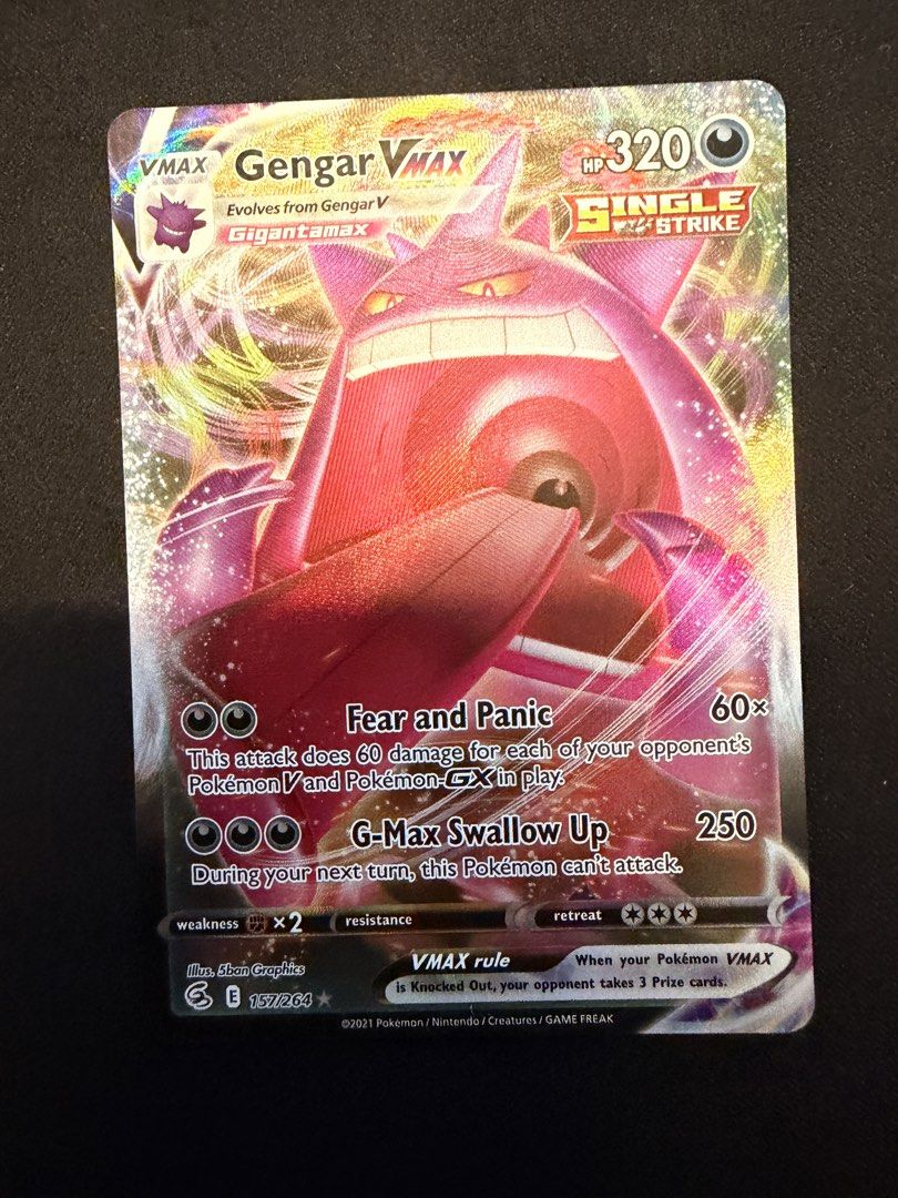 Gengar VMAX Single Strike Pokemon Card (Category: Toys & Games) located in Singapore. Submitted by arden_cay (Listing ID 1439046467, Image 3). Description: - Gengar VMAX Single Strike Pokemon card - From the 2021 set.