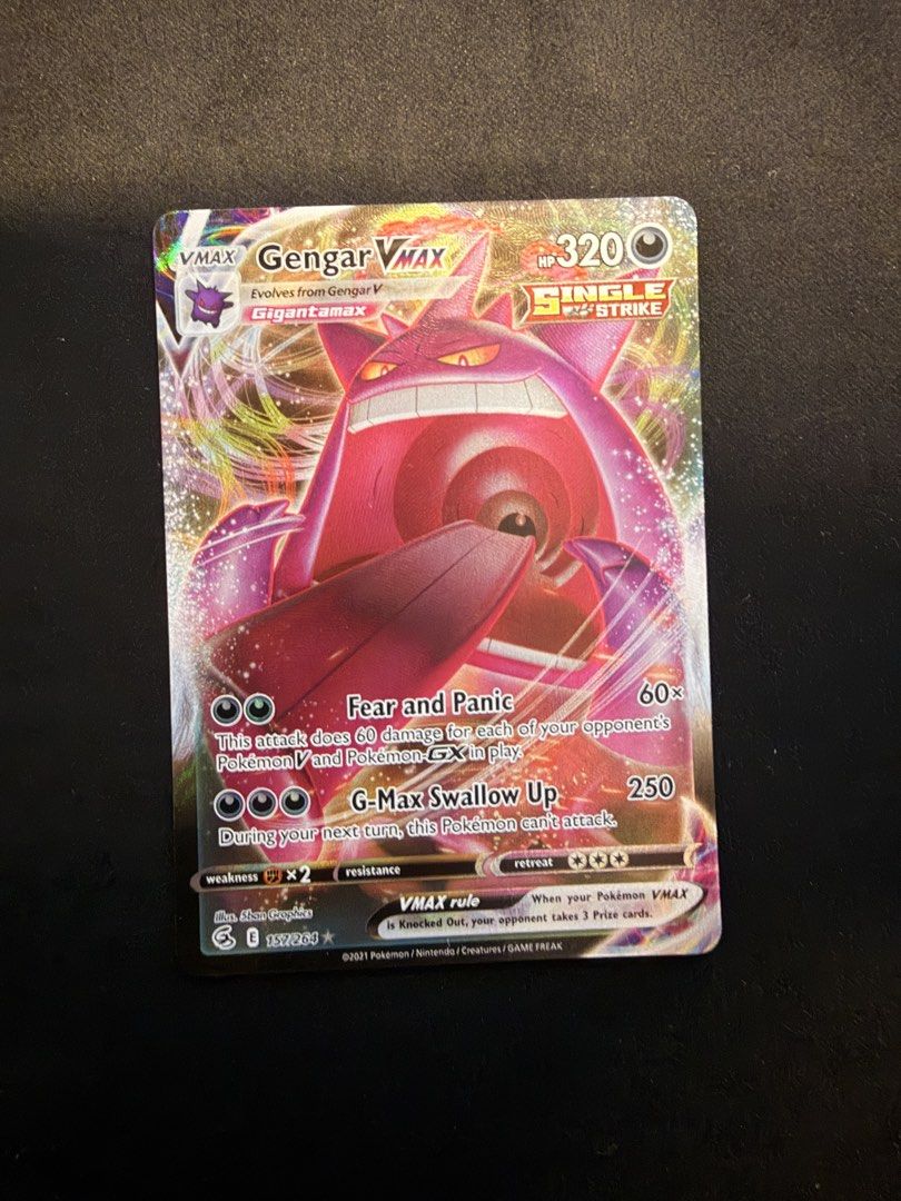 Gengar VMAX Single Strike Pokemon Card (Category: Toys & Games) located in Singapore. Submitted by arden_cay (Listing ID 1439046467, Image 1). Description: - Gengar VMAX Single Strike Pokemon card - From the 2021 set.