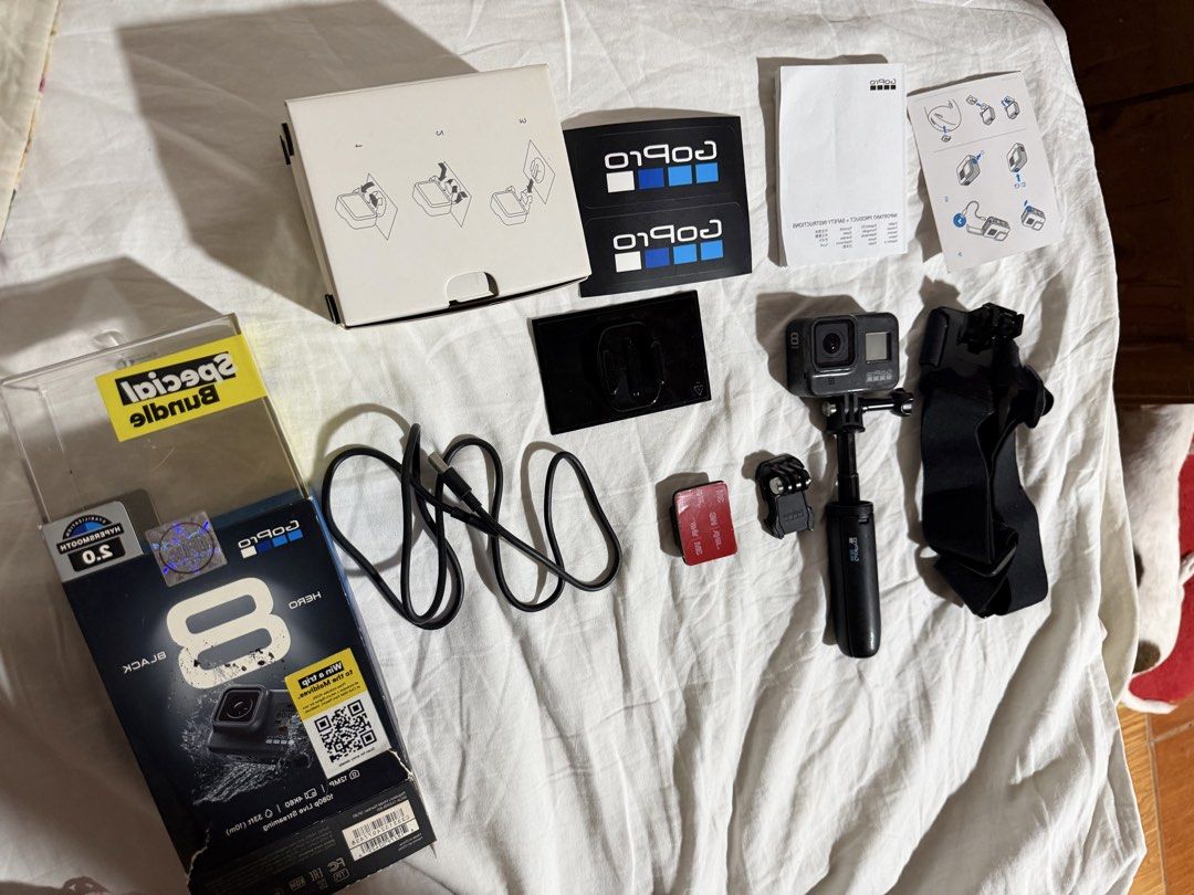 GoPro HERO8 Black Special Bundle (Category: Cameras) located in Cainta. Submitted by liezelbertha19 (Listing ID 1439040506, Image 1). Description: - GoPro HERO8 Black action camera - Includes: - Original box - Various mounts - Hand grip - Charging cable - Stickers - Manuals - Perfect for capturing high-quality photos and videos. - Ready for your adventures!.