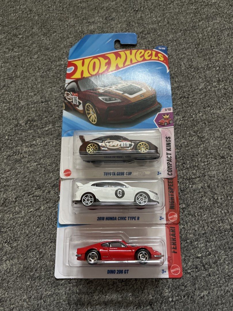 Hot Wheels Compact Kings, Night Speed, Ferrari (Category: Vehicle & Diecast Models) located in Batangas. Submitted by pagcaliwag40945 (Listing ID 1438906086, Image 1). Description: - Hot Wheels car set for ₱500 - Includes: Toyota GR86 Cup, 2018 Honda Civic Type R, Dino 206 GT - no issue - Perfect for collectors and kids meetup around batangas city or lbc (add sf).