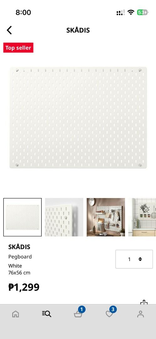 IKEA SKÅDIS Pegboard White 76x56cm (Category: Home Improvement Tools & Accessories) located in Caloocan City. Submitted by carlyden (Listing ID 1438974790, Image 1). Description: - IKEA SKÅDIS pegboard - Color: White - Dimensions: 76x56 cm - Features multiple holes for organization - Designed for wall mounting - w the stand - Has a flaw at the back please see the second photo for reference.