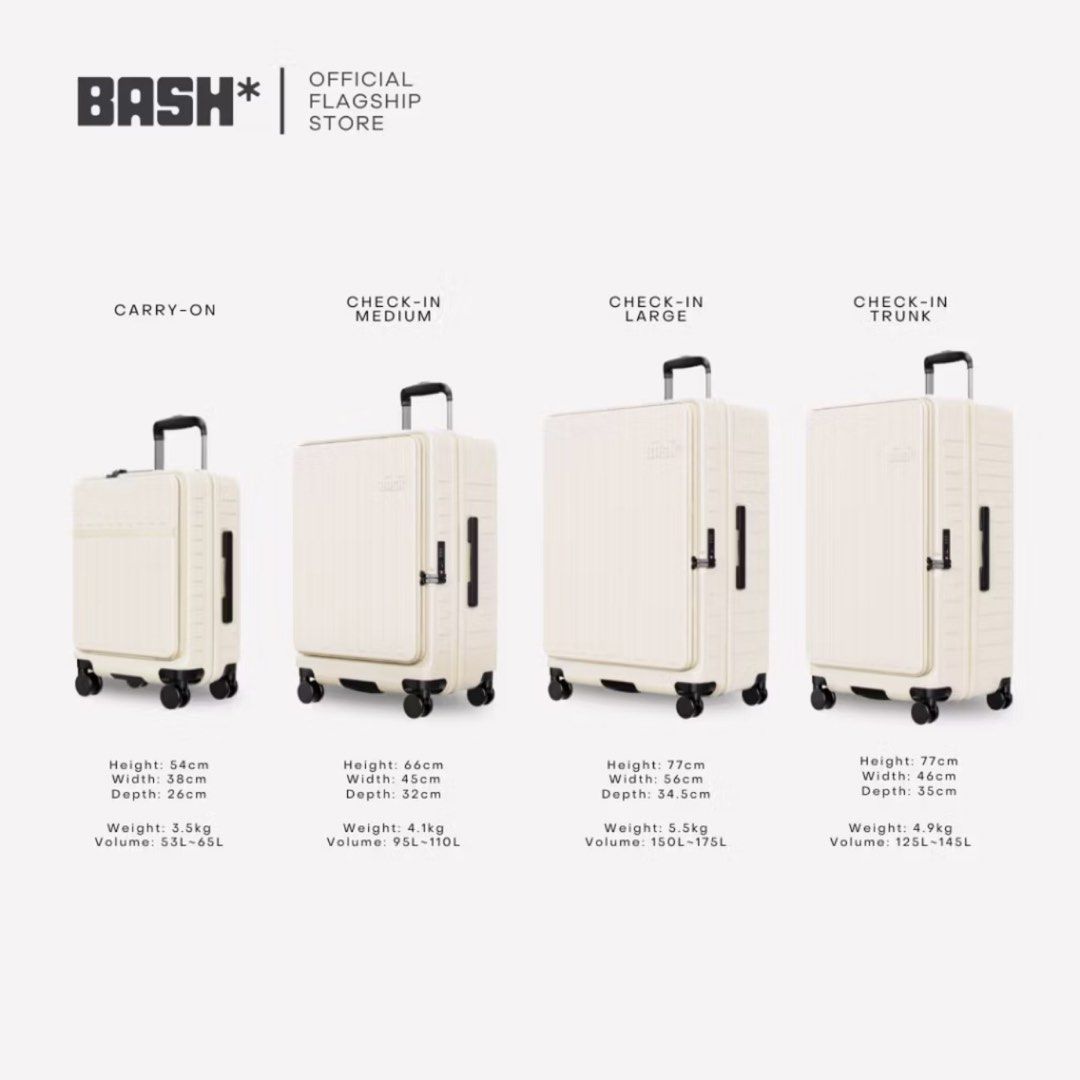 FOR RENT: BASH luggage (Category: Luggage) located in Quezon City. Submitted by aj.mnl (Listing ID 1418756233, Image 2). Description: ‼️ AVAILABLE colors for carry-on: - bone (white) - oak (brown) PM me if you’re interested in other sizes and/or colors! Photo credits: BASH Official Flagship Store.