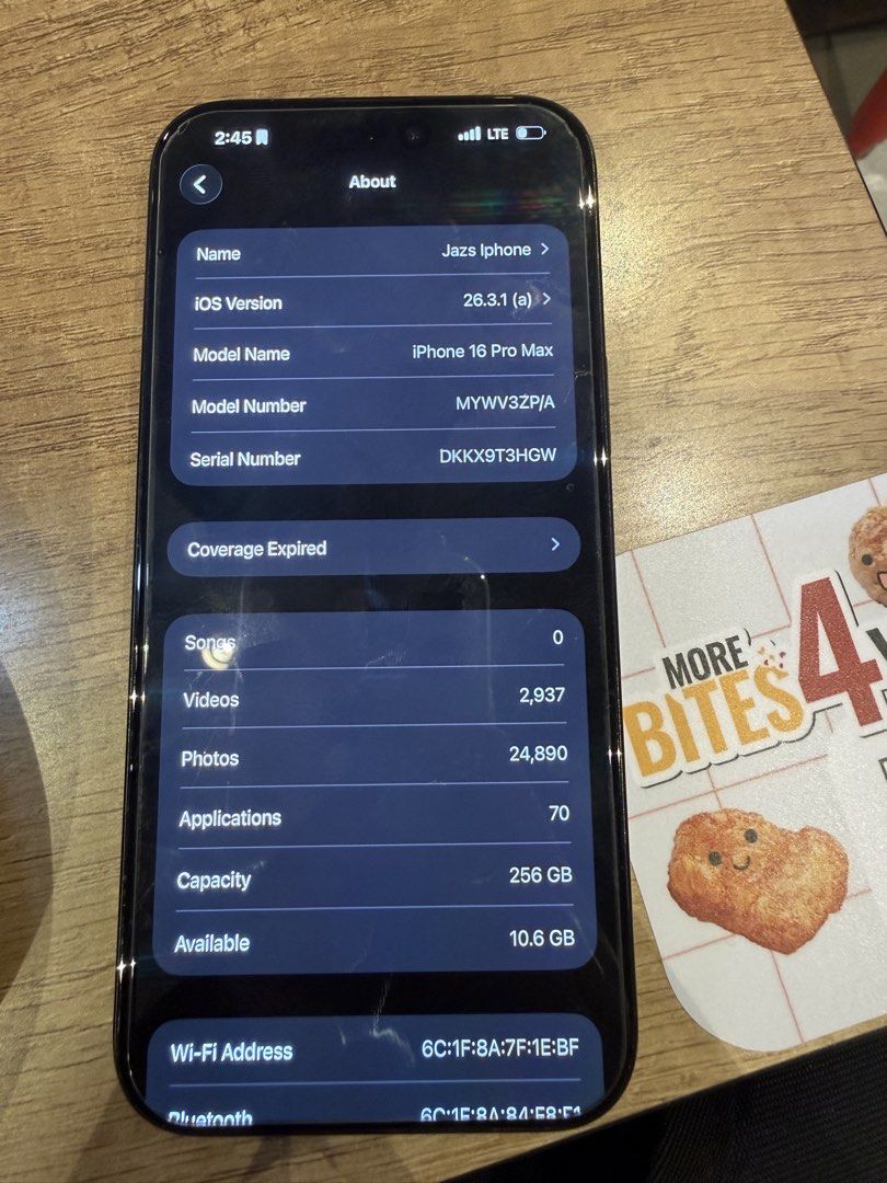 iPhone 16 Pro Max Black Titanium 256GB (Category: iPhone 16 Series) located in Singapore. Submitted by coolgadgets66 (Listing ID 1436070900, Image 2). Description: All functions working no dents or scratches.