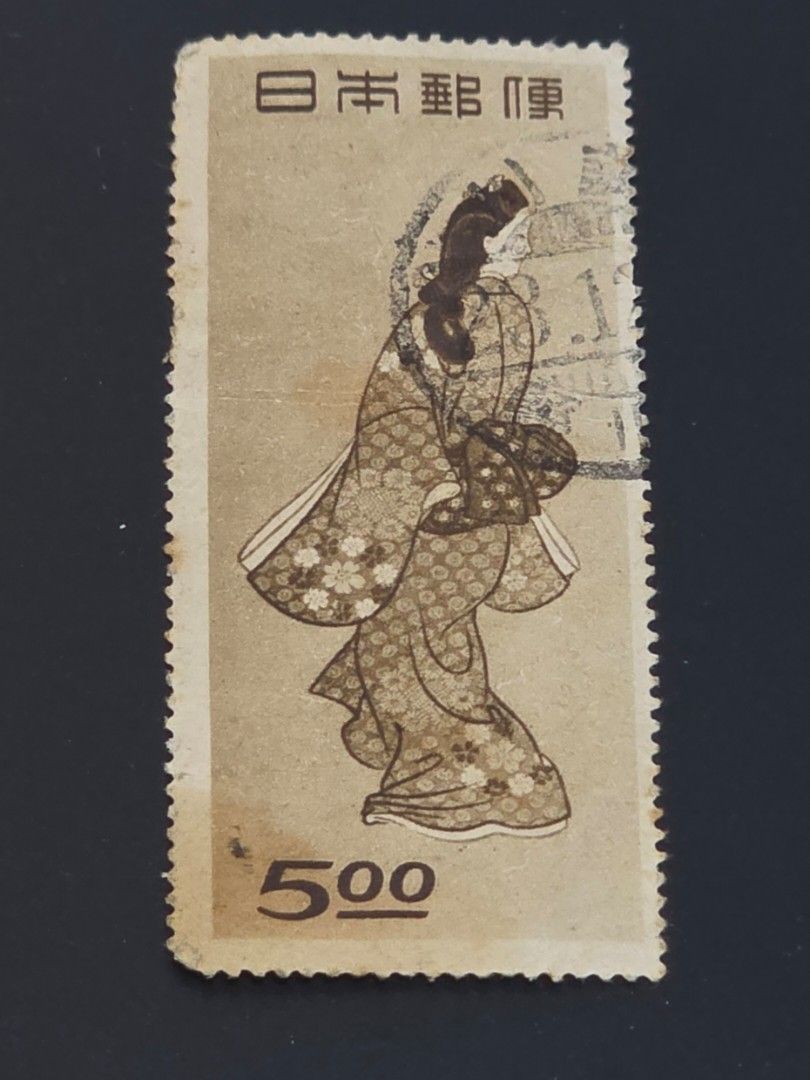Japan Scott 422 (1948) stamp (Category: Stamps & Prints) located in Pasig City. Submitted by temerity_16 (Listing ID 1438893005, Image 1). Description: HINGED/ CANCELLED This is a 1948 Japanese "Beauty Looking Back" commemorative stamp. [1] Details: The stamp, cataloged as Scott #422, was issued for Philatelic Week. Design: It features a reproduction of the famous painting Mikaeri Bijin (Beauty Looking Back) by Hishikawa Moronobu..