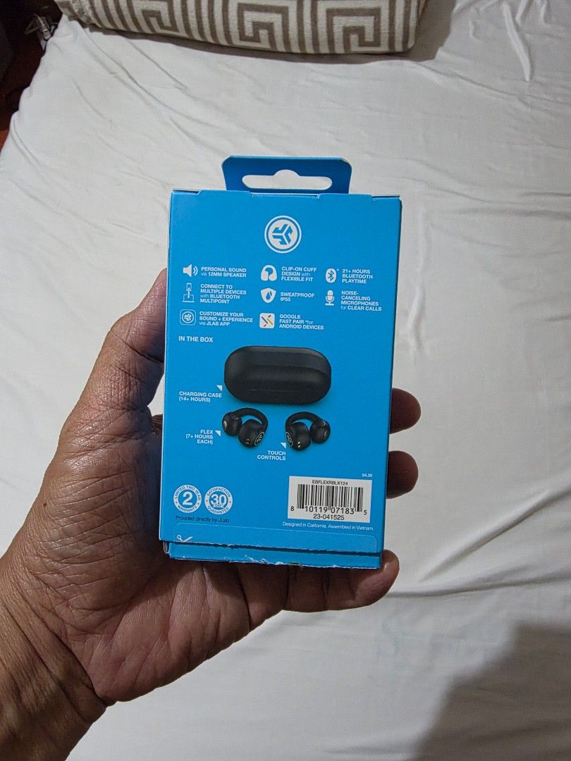 JLab Flex Open Wireless Earbuds (Category: Earphones) located in Mandaluyong City. Submitted by jojob1105 (Listing ID 1438913075, Image 2). Description: - JLab Flex open wireless earbuds - Clip on buds - Color: Black - Features: Clip-on, flexible fit, open-ear sound - Includes: Charging case - App Compatible: JLab app for custom controls - Brand new purchases in the US .