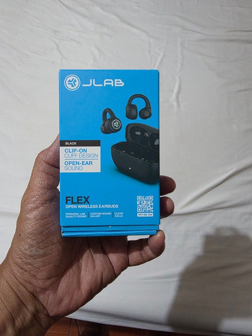 JLab Flex Open Wireless Earbuds (Category: Earphones) located in Mandaluyong City. Submitted by jojob1105 (Listing ID 1438913075, Image 1). Description: - JLab Flex open wireless earbuds - Clip on buds - Color: Black - Features: Clip-on, flexible fit, open-ear sound - Includes: Charging case - App Compatible: JLab app for custom controls - Brand new purchases in the US .