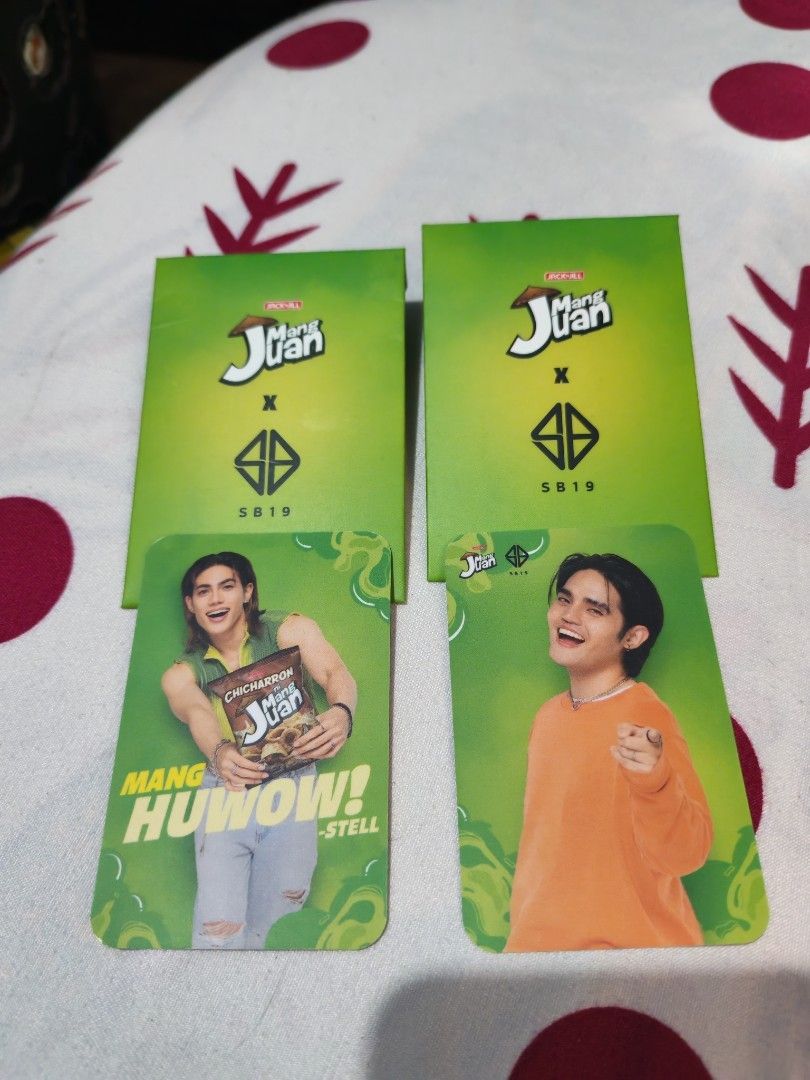 Mang Juan X SB19 Photocards (Category: Raw Singles) located in Quezon City. Submitted by bargaits (Listing ID 1438948291, Image 1). Description: Mang Juan X SB19 Photocards Stell - P300 Pablo - P300 For both P500 only Negotiable RFS: Not a fan Cards in Quezon City Pick up via Lalamove, payment via bank transfer. Thanks.