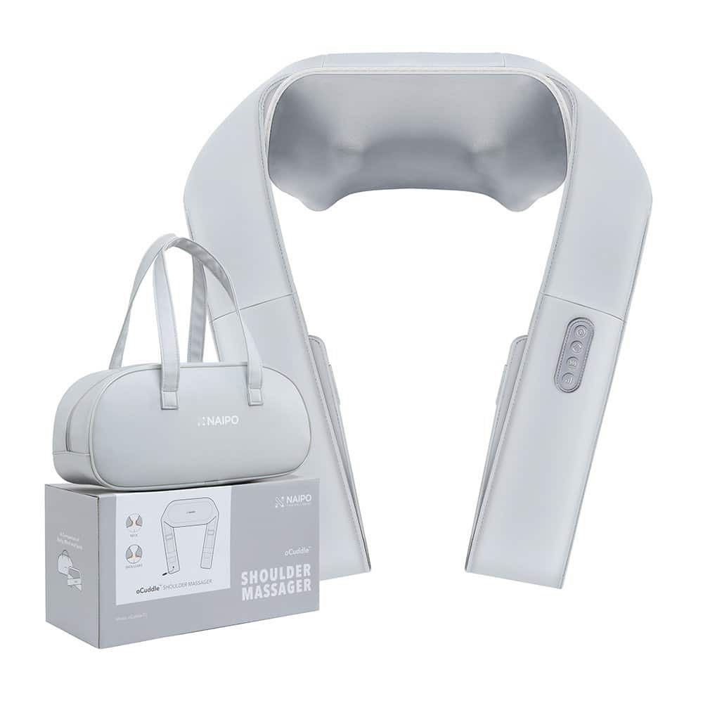 Naipo eCuddle Neck Shoulder Massager (Category: Massage Devices) located in Quezon City. Submitted by a__line.ph (Listing ID 1438959109, Image 1). Description: - used 2x only - Naipo eCuddle shoulder massager for relaxation. - Sleek, modern design with control buttons. - Portable for home or on-the-go use. - Includes carrying bag and box. - Color: grey..