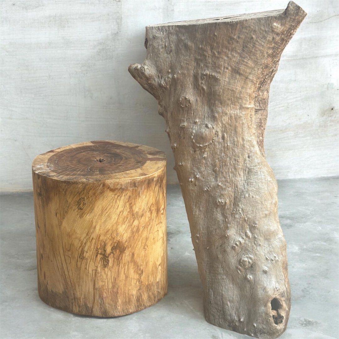 Natural Wooden Stools / Home Decor (Category: Chairs) located in Pasig City. Submitted by casambhomedecors (Listing ID 1438884241, Image 2). Description: - Set of two unique wooden stools. - Includes: - Cylindrical stool with polished top. - Tall, irregularly shaped tree trunk stool. - Showcases natural wood grain and texture. - Adds a rustic touch to your space..