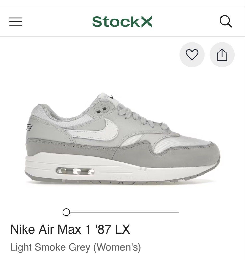 Nike Air Max 1 '87 LX - Light Smoke Grey (Category: Sneakers) located in Muntinlupa City. Submitted by goldencloset.88 (Listing ID 1438888381, Image 1). Description: - Nike Air Max 1 '87 LX - Color: Light Smoke Grey - Iconic Air Max bubble sole - Grey and white color scheme - Like new, no issues US Women’s 9.5.