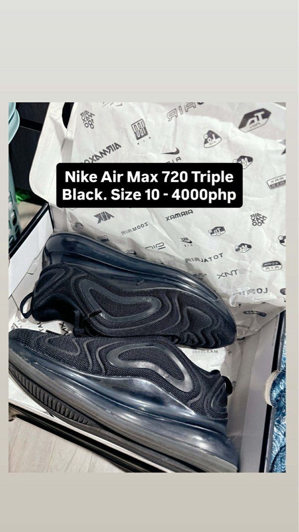 Nike Air Max 720 Triple Black Size 10 (Category: Sneakers) located in Paranaque City. Submitted by issanadera_ (Listing ID 1438889190, Image 1). Description: - Nike Air Max 720 Triple Black sneakers - Size: 10 - Color: All-black - Comes with original box - Perfect for everyday wear - Stylish and comfortable.