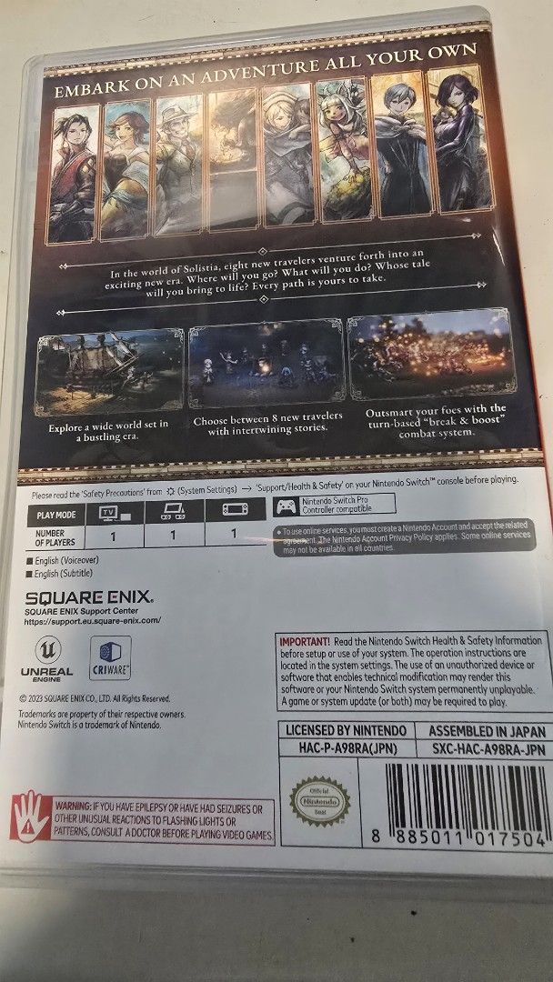 Octopath Traveler II - Nintendo Switch (Category: Nintendo) located in Quezon City. Submitted by edric25 (Listing ID 1438964325, Image 3). Description: - Octopath Traveler II for Nintendo Switch - Published by Square Enix - Explore a world with multiple characters - Game cartridge included - Rated for ages 13+ - Assembled in Japan.