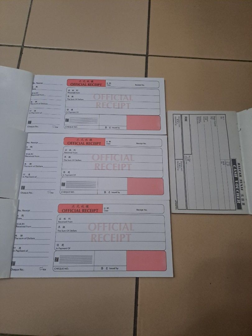 Official Receipt and Cash Voucher Books (Category: Vouchers) located in Cheras. Submitted by vingving0829 (Listing ID 1439016540, Image 2). Description: 3 sets of unused official receipt and 1 set of cash voucher. Selling all together..