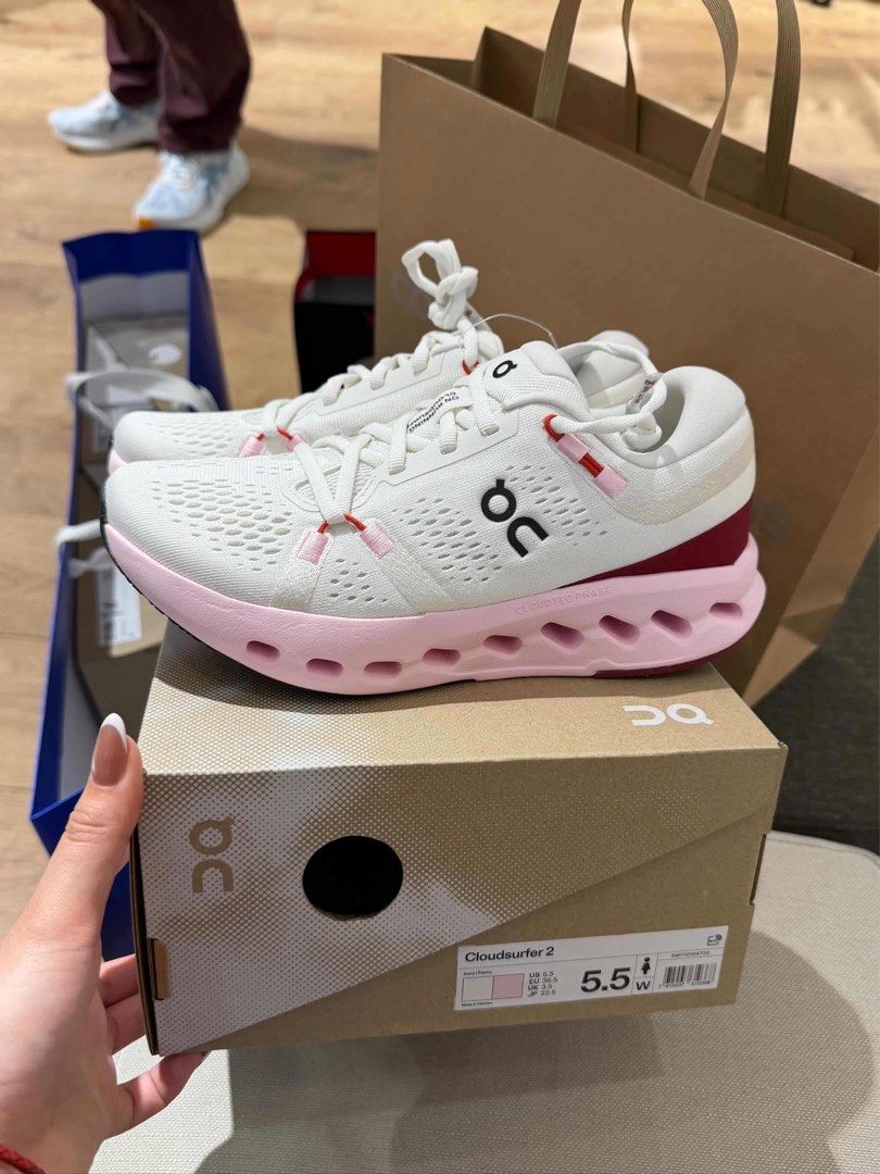 On Cloudsurfer 2 - Ivory peony (Category: Sneakers) located in Makati City. Submitted by quickearth_592f45 (Listing ID 1438957415, Image 2). Description: - On Cloudsurfer 2 in ivory & peony - Size: 5.5W - Includes original box - brandnew .