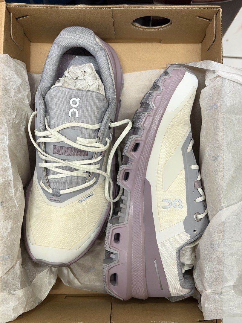 On Cloudventure Waterproof Running Shoes - Ice/Heron (Category: Sneakers) located in Manila. Submitted by elianajr (Listing ID 1439017143, Image 1). Description: - On Cloudventure Waterproof running shoes - Color: Ice/Heron (light purple and white) - Size: US 6, EU 37, UK 3 - Comes with original box - Features unique sole tread pattern.