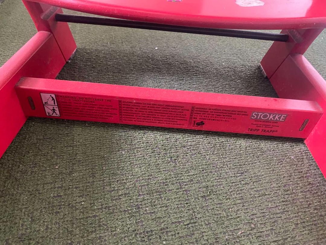Original Stokke Tripp Trapp High Chair - Red (Category: Baby High Chairs) located in Quezon City. Submitted by carolined55398 (Listing ID 1438894418, Image 3). Description: - Original Red Stokke Tripp Trapp high chair - Adjustable seat and footrest for optimal comfort - Features the iconic Stokke logo - Designed to bring your baby to the table - Has scratches and paint chips due to normal use - Minor fading and signs of wear - Used condition with