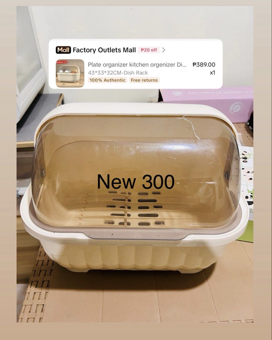 Plate Organizer Kitchen Dish Rack (Category: Other Kitchenware & Tableware) located in Manila. Submitted by julyna459 (Listing ID 1438976440, Image 1). Description: - Plate organizer dish rack - Dimensions: 43*33*32CM - Features a clear cover - White base - Designed to organize plates - Original price: ₱389.00.