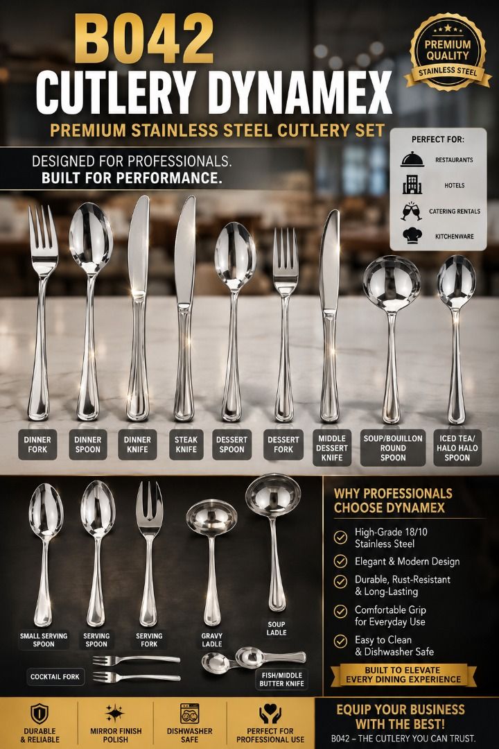 PREMIUM K198 & B042 DYNAMEX CUTLERY SET (Category: Dinnerware & Cutlery) located in Manila. Submitted by cartelcomnl (Listing ID 1438943697, Image 2). Description: PREMIUM K198 & B042 DYNAMEX CUTLERY SET 🍴✨ Elevate your dining experience with elegant, durable, and professional-grade stainless steel cutlery — perfect for restaurants, hotels, catering services, and kitchenware businesses! 🏨 Ideal for: ✅ Restaurants & Cafés ✅ Hotels & Resorts ✅ Ca
