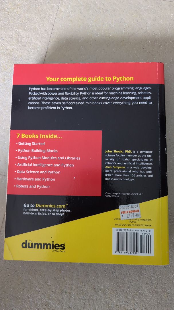 Python All-in-One for Dummies (Category: Textbooks) located in Baliuag. Submitted by silverowl_276a42 (Listing ID 1438970547, Image 2). Description: - "Python All-in-One for Dummies" book. - Your complete guide to Python programming. - Covers a wide range of topics: getting started, building blocks, modules, AI, data science, hardware, and robotics. - Ideal for machine learning, robotics, AI, and data science. - Includes seven self-contained mini
