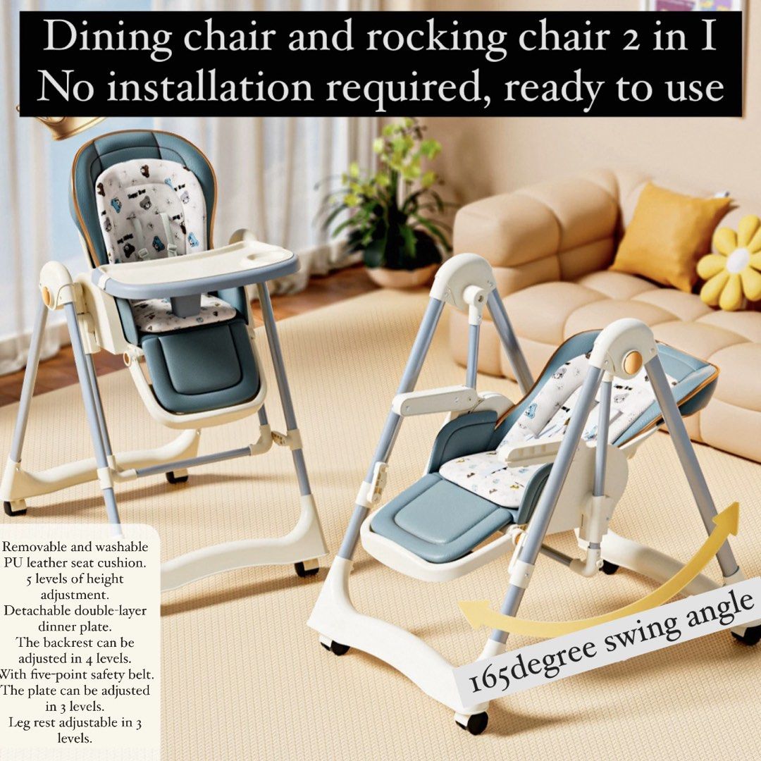 Ready Stock Baby Foldable Rocking Swinging High Chair (Category: Baby High Chairs) located in Singapore. Submitted by littlebabycottage (Listing ID 1357682004, Image 2). Description: Brand new Colour: White/Blue Grey * Pu cushion * Foldable * 5 points seat belt * Double food tray (Easy to cleaning) * 5 adjustable height * 3 adjustable food tray distance Convenient Baby High Chair. The high chair features 2 convertible seat heights, 3-setting foot